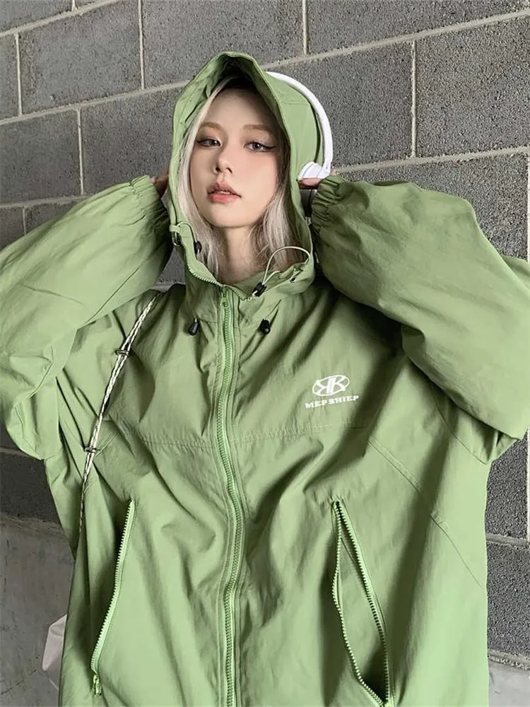 Fur Qweek Y2k Green Windbreaker Jacket Women Oversized Hip Hop Streetwear Black Waterproof Hooded Coat Haruku Techwear Outerwear