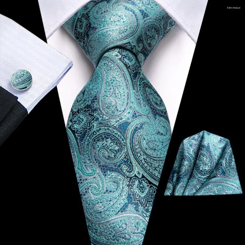 Bow Ties Hi-Tie Designer Lake Blue Paisley İpek Düğün Kravat Erkekler İçin Shandky Cufflink Hediye Kravat Moda İş Partisi Dropshiping