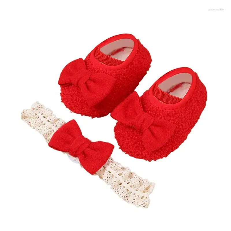 First Walkers 0-12M Baby Baptism Shoes And Headband Set Bowknot Mary Jane Flats Lace Hairband For Girls