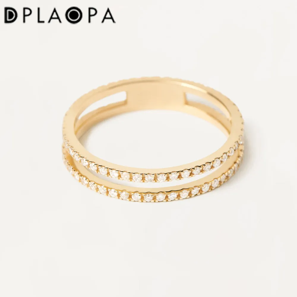 DPLAOPA 100% prata esterlina 925 ouro dois círculos zircão pavê anel 2022 feminino joias de casamento joias de luxo linha de cristal festa