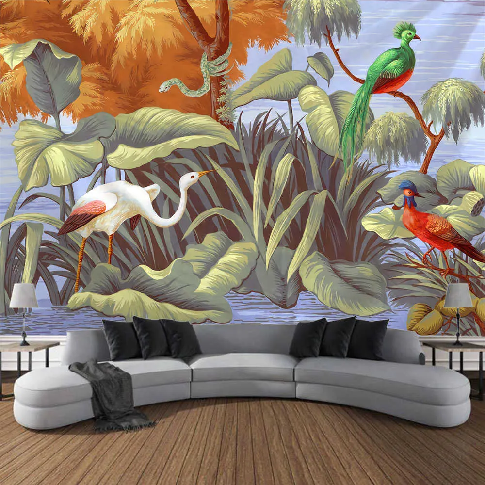 Wandteppiche, Pflanzen, Blumen und Vögel, bedruckter Wandteppich, Wandbehang, tropischer Regenwald, Kunstgemälde, Wohnzimmerdekoration