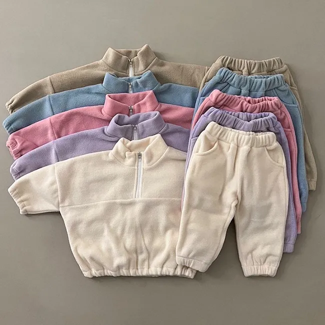 Conjunto de roupas de manga comprida para bebês de inverno novo, moletons grossos e quentes para crianças, 2 peças, terno infantil, menino, menina, roupas de lã de algodão