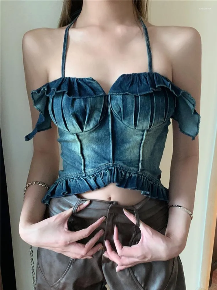 Czołgi damskie Vintage Ruffles Denim Stretch Halter Top kobiety Off Shoulder 2023SS modne krótkie dżinsy podkoszulki dziewczyny Sexy nieregularne Camis