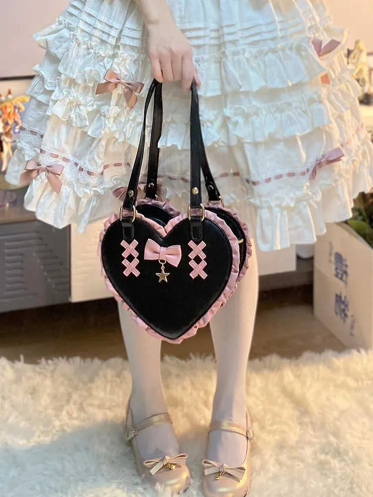 Sac à bandoulière en dentelle avec nœud croisé, mignon, cœur, Lolita, femme, Anime, mode, doux, filles, portefeuille japonais, sacs de Shopping