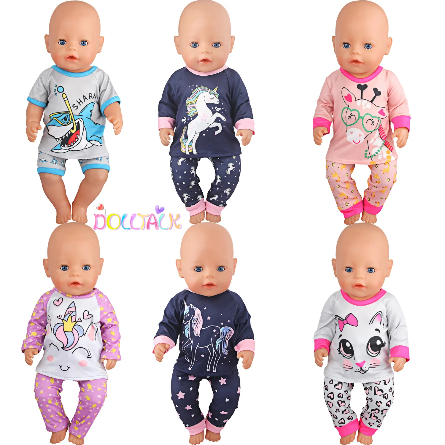 Dockor Söt Katt Djur Haj T-shirt shorts Klädset Pyjamas Passar för amerikansk 18 tums flickdocka och 43 cm Baby Born OG Toy 230710