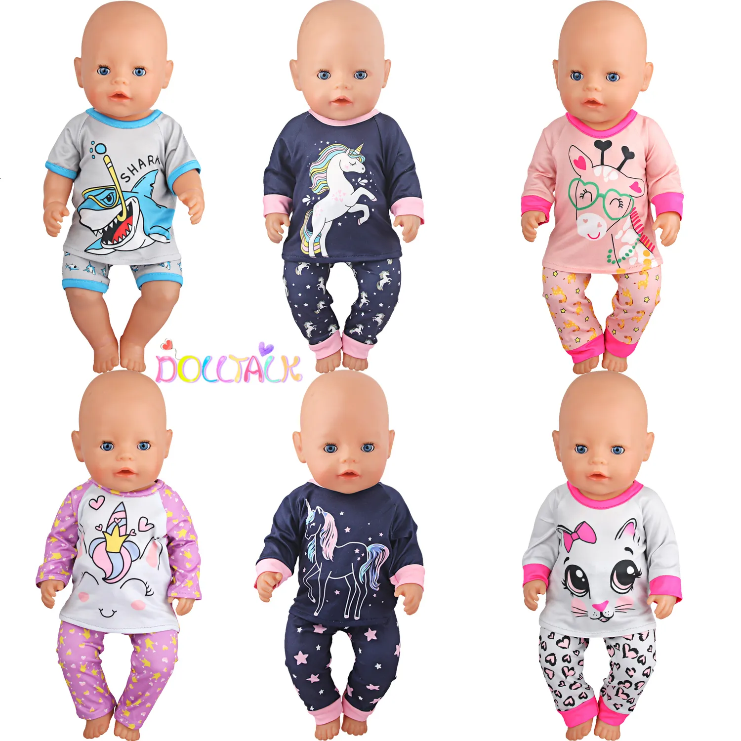 Bambole Cute Cat Animal Shark T-shirt pantaloncini Vestiti Set Pigiama Fit For American 18 Inch Girl Doll E 43cm Baby Born OG Toy 230710