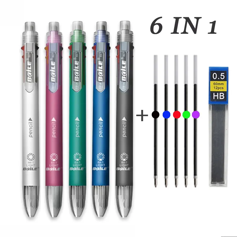 Ballpoint Pens 6 in 1 multifunctionele pen 5color 05mm automatisch potlood Top Rubber Student Writing School Office Supplies 230707