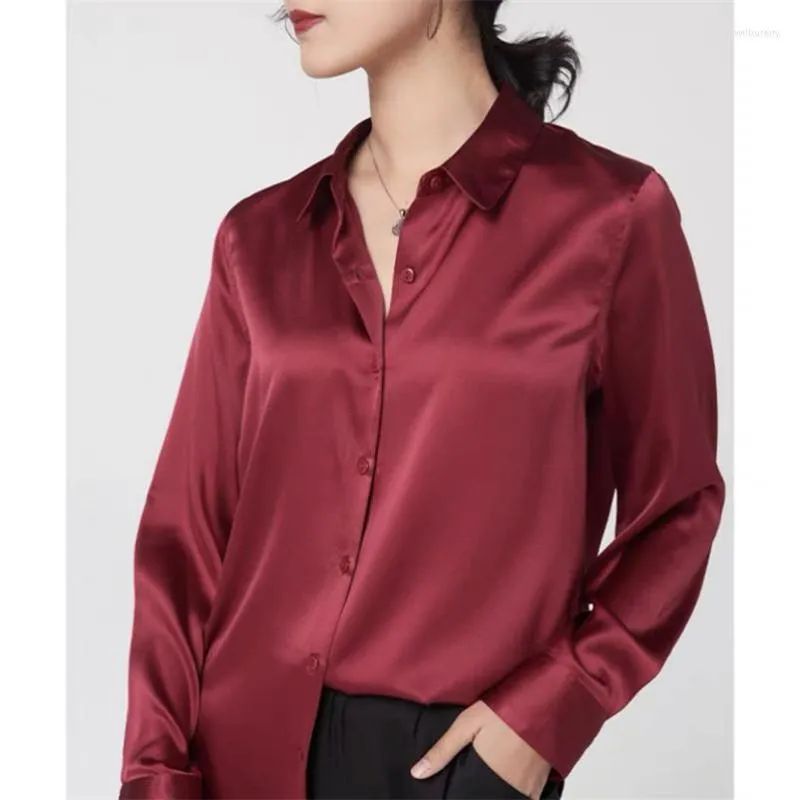 Damblusar High Street Simple Toppar Casual Kvinnor Vår Satin Kvinna Turn-down krage Chemise Långärmad Enkelknäppt Blusas