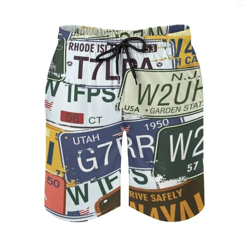 Shorts Masculino Velho Americano Placa de Matrícula de Carro Esporte Correndo Praia Calça Baú com Forro de Malha Baú Placa Baú Retrô Vintage