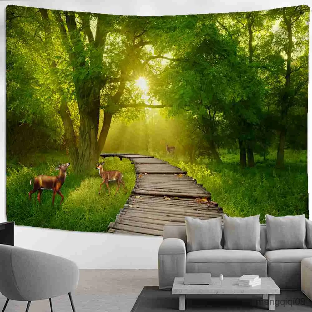 Tapestries Deer Green Forest Tapestry Wall Hanging Witchcraft Art Aesthetics Room Home Decor R230710