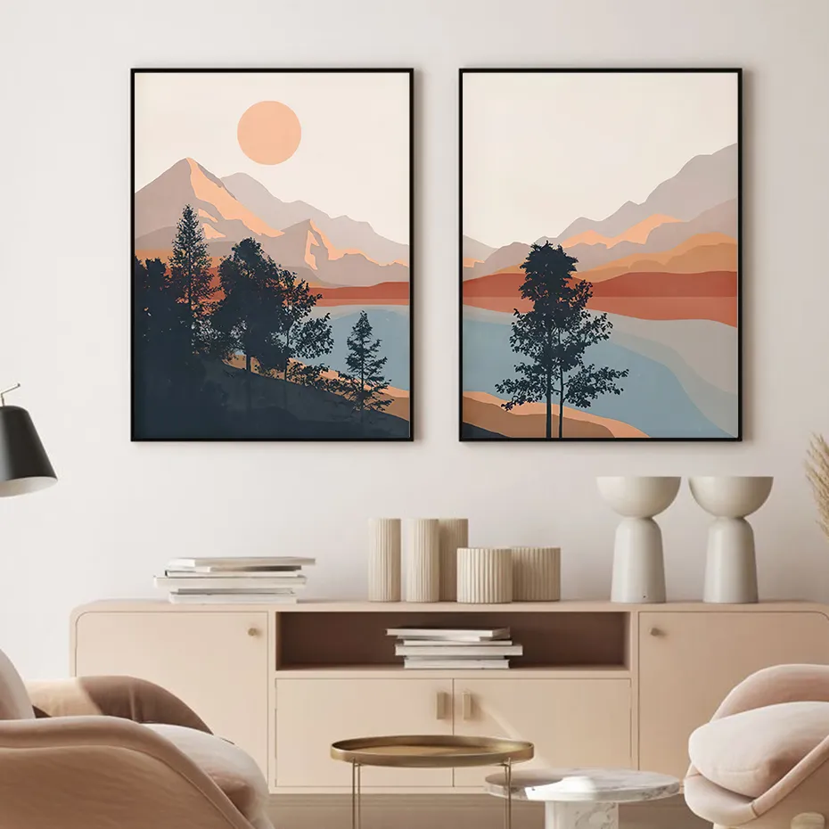 Tavlor 2st Mid Century Abstrakt Boho Mountain Lake Scen Affisch Dukmålning Väggkonsttryck Bild Vardagsrum Heminredning 230707