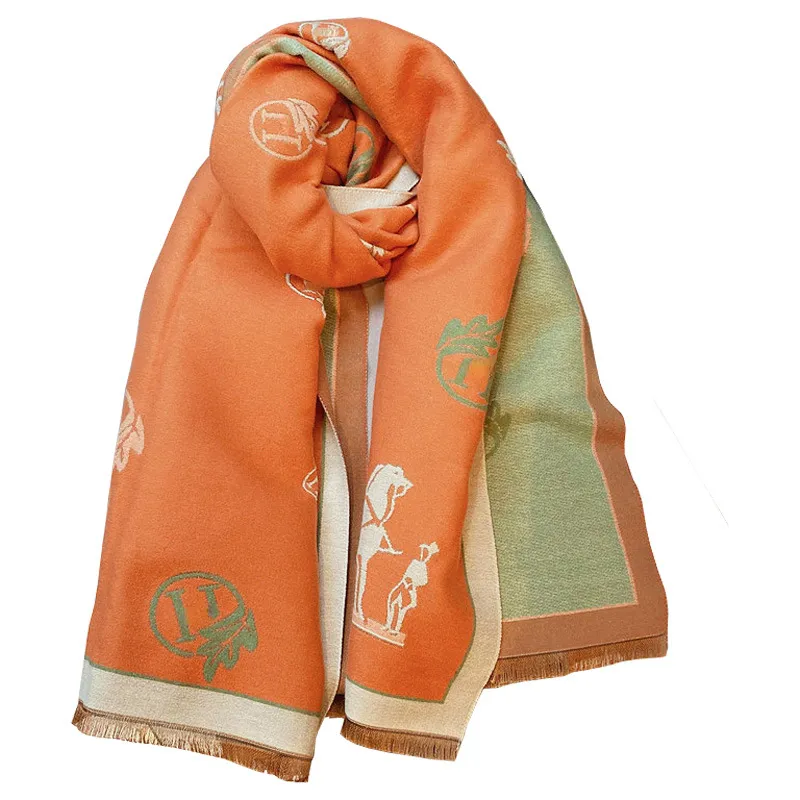 Bufanda cálida de estilo occidental naranja y blanco para mujer, chal de doble uso tipo Cachemira Retro para invierno