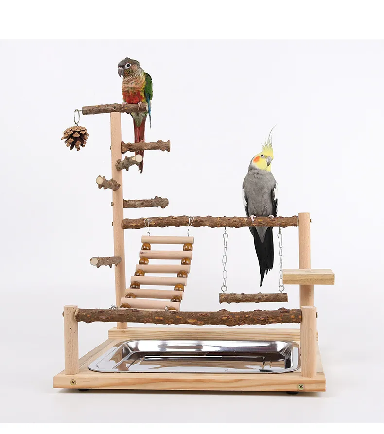 Bird Parrots Playstand Birdcage Play Gym Wood Bird Exercise Playground Large Parrot Perch Stand with Chewing Bell Toys Bird Feeding Cups Ladder Hanging Swing