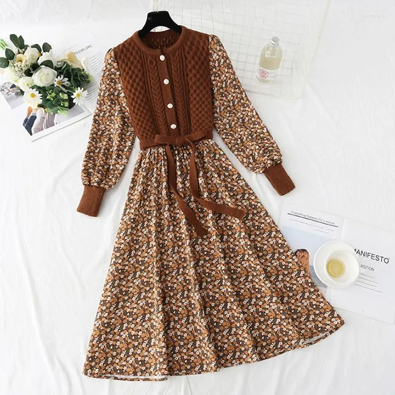 Vestidos Casuais Elegante Malha Patchwork Vestido Estampado Floral Feminino Decote O Outono Inverno Laço Vintage Linha A Corduroy Vestidos de Manga Longa