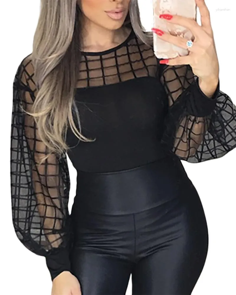 Damblusar Dammode Svart Patchwork Skir skjorta Kvinnlig långärmad topp Oversize Brief Grid Mesh Yoke Plus Size Casual Blus