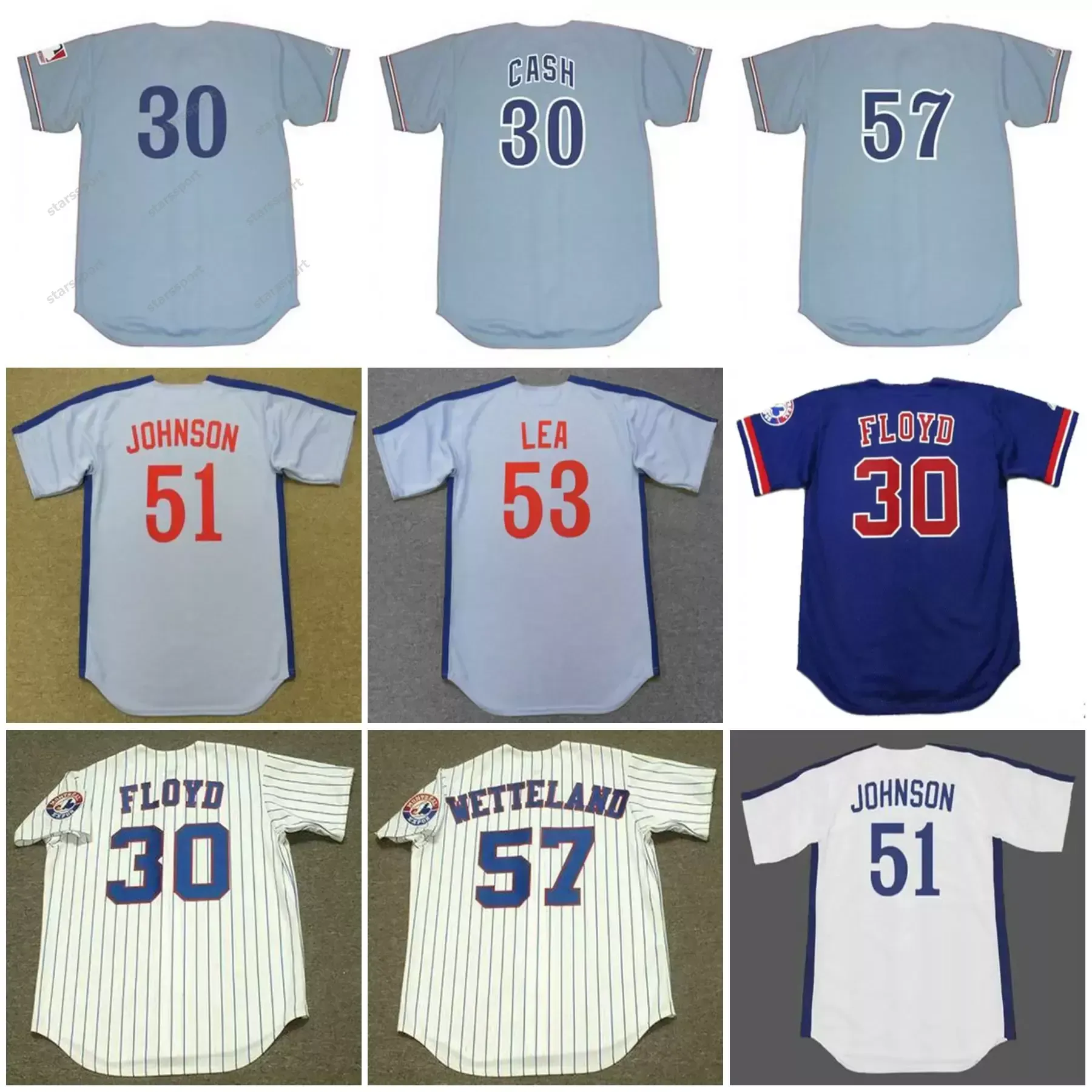 Montreal Vintage Baseball Jersey 51 Randy Johnson 1988 53 Charlie Lea 1983 57 Gary Carter 1974 John Wetteland 1994 30 Cliff Floyd Dave