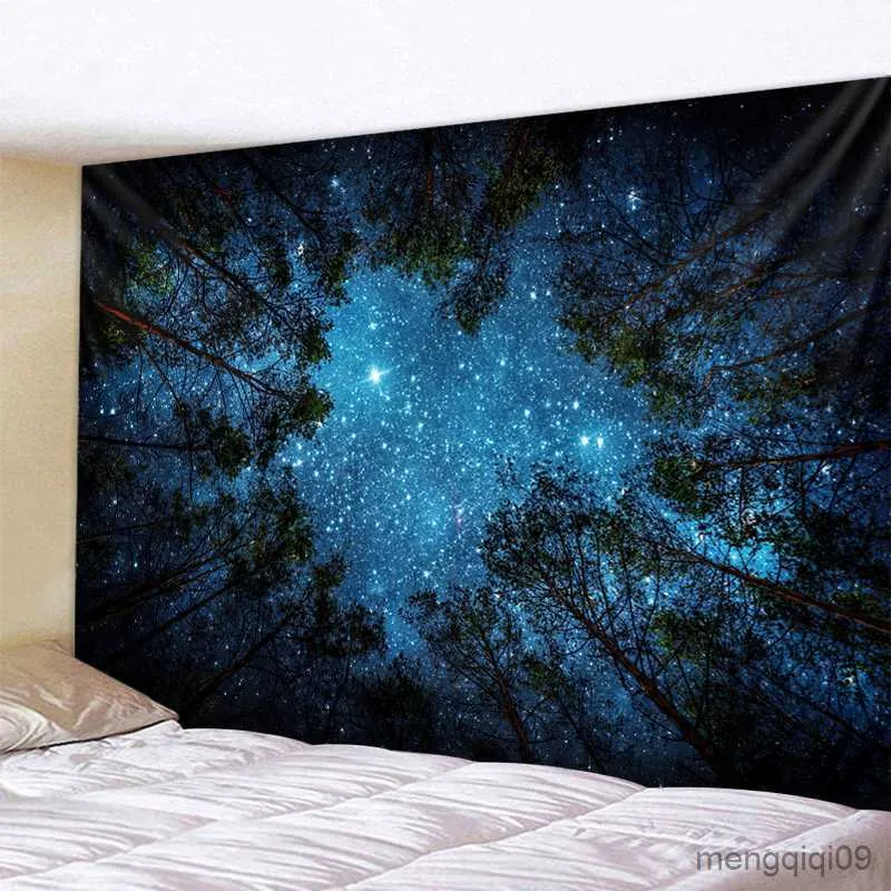 Tapestries Forest Forest Tapestry Wall Trees and Stars Fabric Fabric Tapestry Home Room Room Bedroom Drettor Decoration Forest Night Tapestry R230710