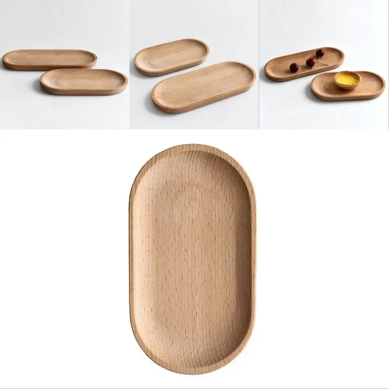 Fat Tallrikar Massiv Mini Oval Träbricka 18CM Liten Träfat Barn Hel Frukt Dessert Middagstallrik Bestick JY10