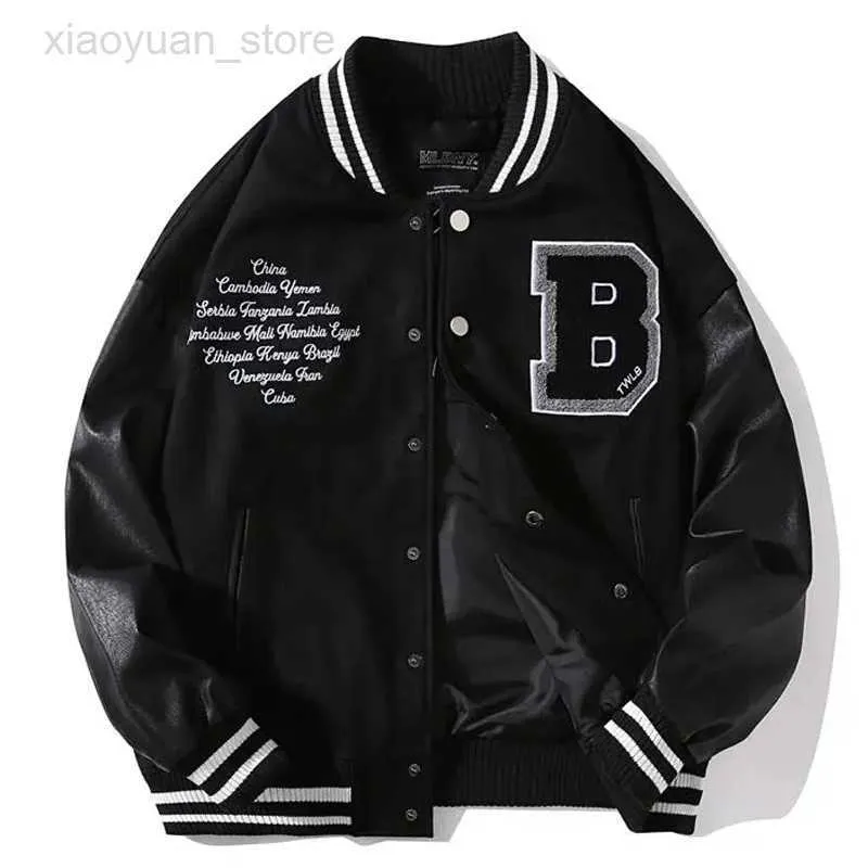 Men's Jackets Spring Fall Stitching Leather Sleeve Bomber Jacket Letter Embroidered Black Baseball Uniform Men Women Couple Casual Streetwear HKD230710