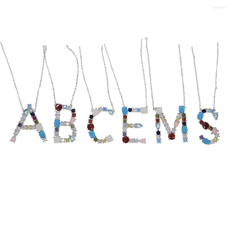 قلادة قلادة الفضة لون الحجر الكبير المعبدة الأولي A B C E M S Alphabet Long Chain Necklace for Women My Name Mashion Modern Jewelry
