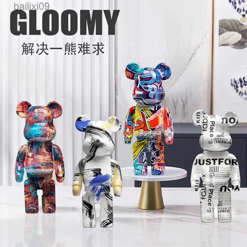 Decorative Objects Creative Graffiti Bear Sculpture Resin Nordic Home Living Kawaii Room Decor Desk Accessories Figurines for Interior T230710