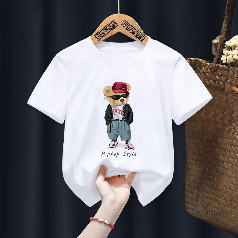 T-shirty fajne okulary przeciwsłoneczne nadruk niedźwiedzia dziecięca koszulka letnia koszulka dziecięca z krótkim rękawem Cartoon koszulka harajuku dziewczyna chłopiec T Shirt topy 230707