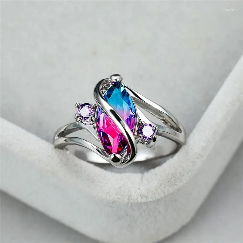 Wedding Rings Charm Female Blue Crystal Stone Ring Vintage Silver Color For Women Promise Zircon Leaf Engagement