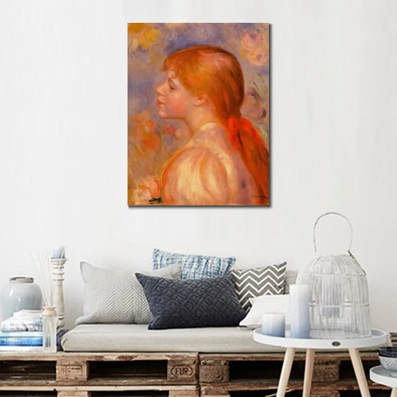 Figurative Art on Canvas Girl with A Red Hair Ribbon Pierre Auguste Renoir Paintings Handmade Modern Artwork Kitchen Room Decor