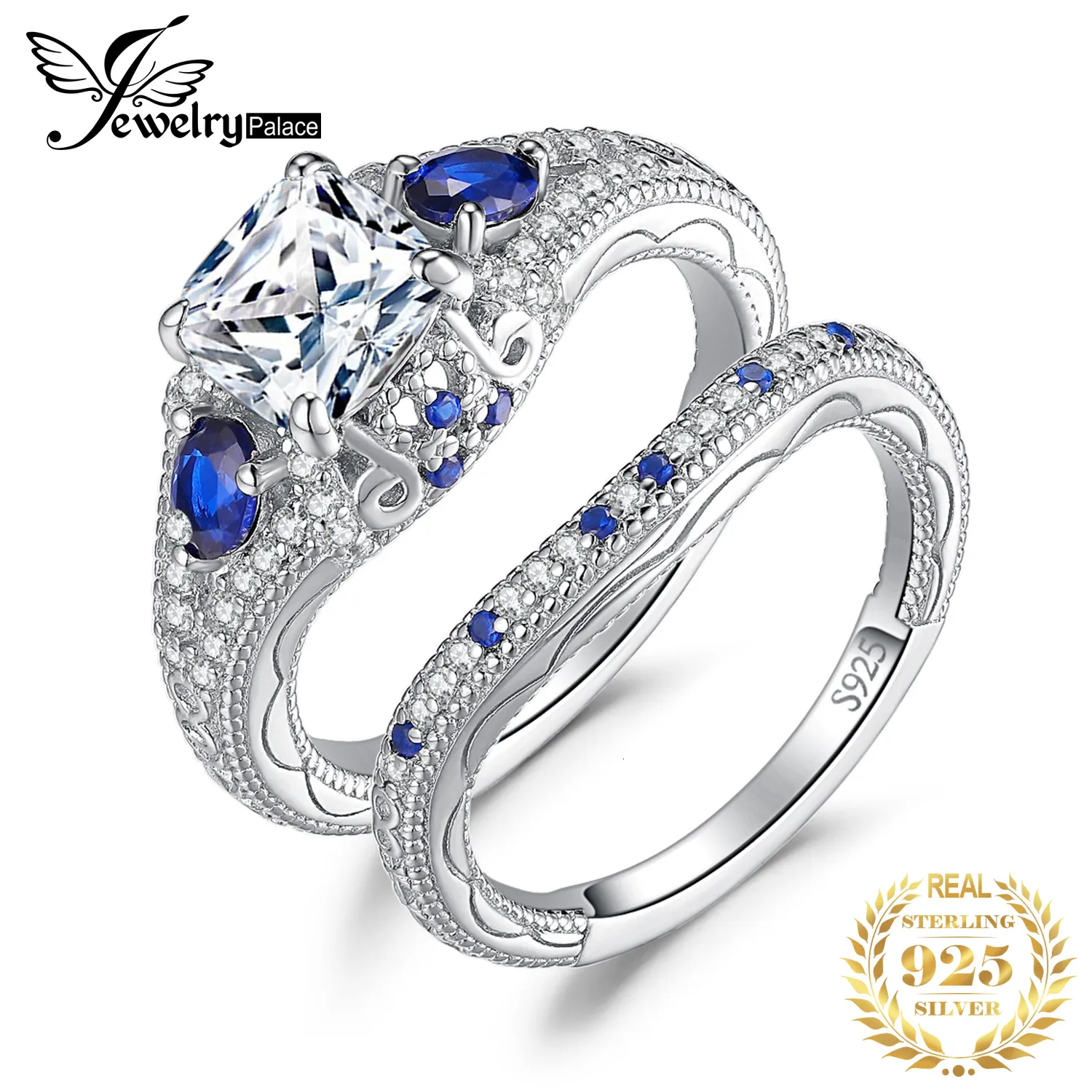 Met zijstenen sieraden 2 stuks 925 sterling zilveren verlovingsring voor vrouw 15ct AAAAA CZ gesimuleerde diamant gemaakt saffier bruidssets 230707