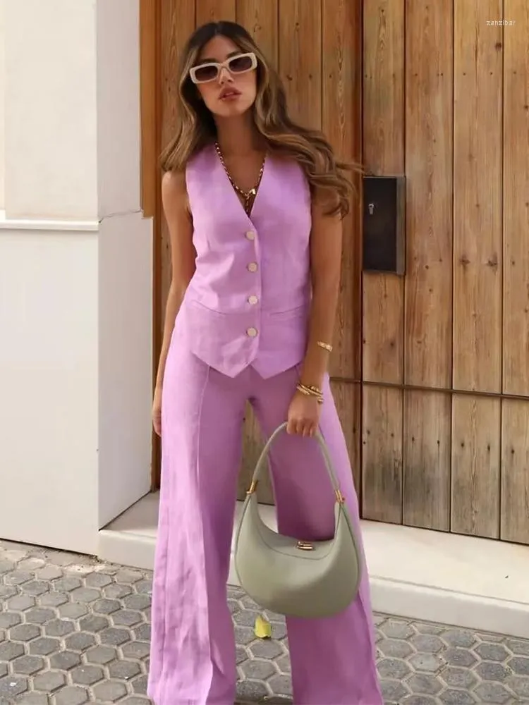 High Quality Pink Linen Womens Summer Outfit Sleeveless Two Piece Pants And  Vest And Pants Set Suit With Wide Leg 2023 Collection From Zanzibar, $20.08