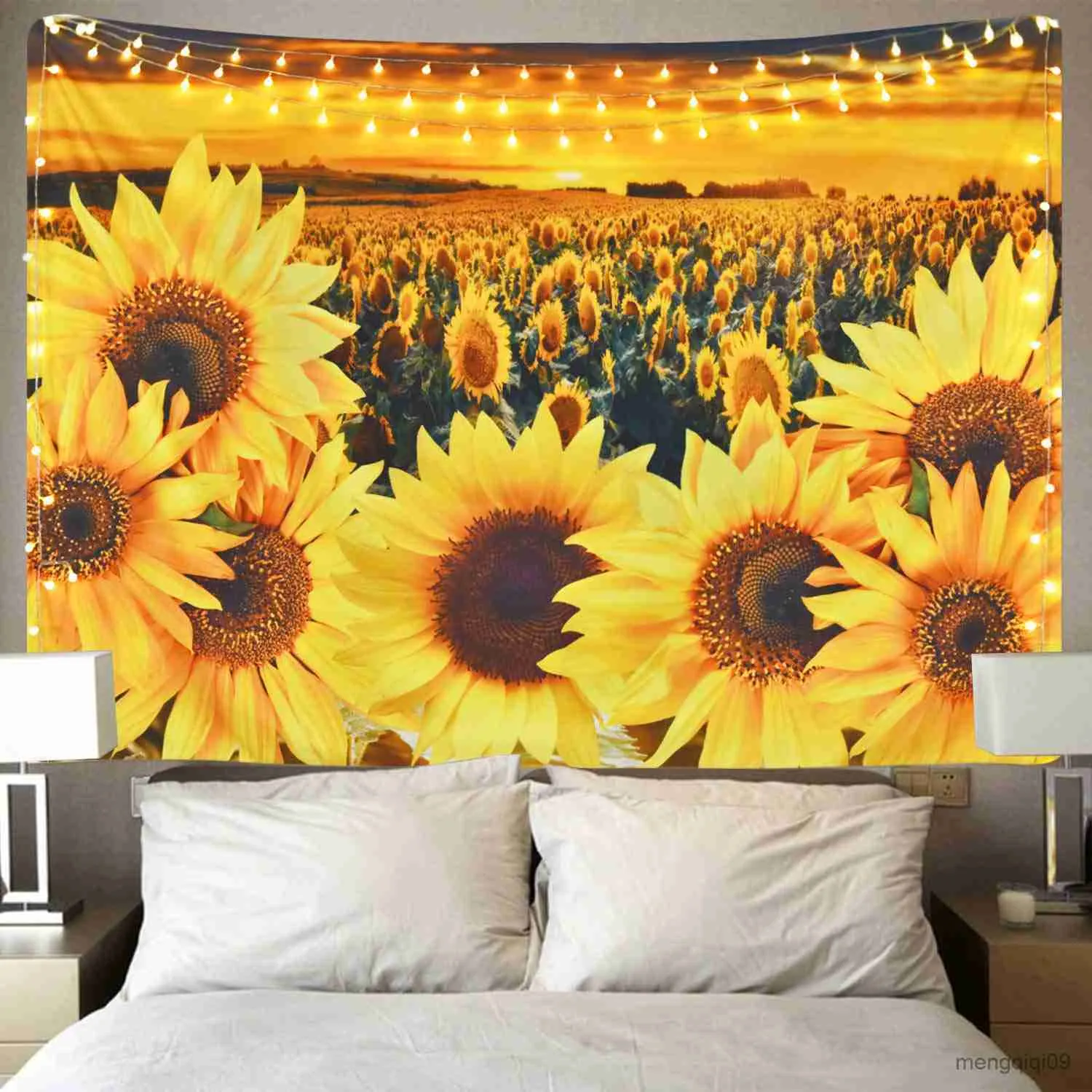 Tapeçaria Tapeçaria Pôr-do-sol Planta Floral Tapeçaria Flor Amarela para Decoração de Quarto Sala de Estar Cortina Pendurada R230710