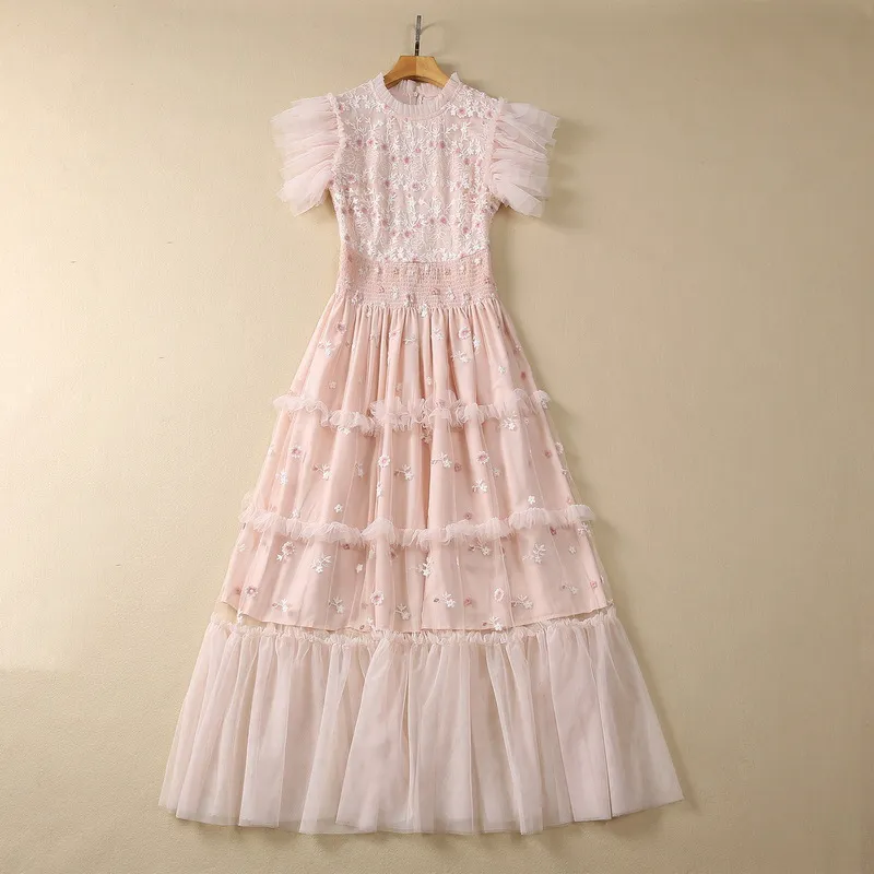 European and American women's dress 2023 summer new style Short sleeve Stand collar Fashion embroidered pink pleated dress XXL