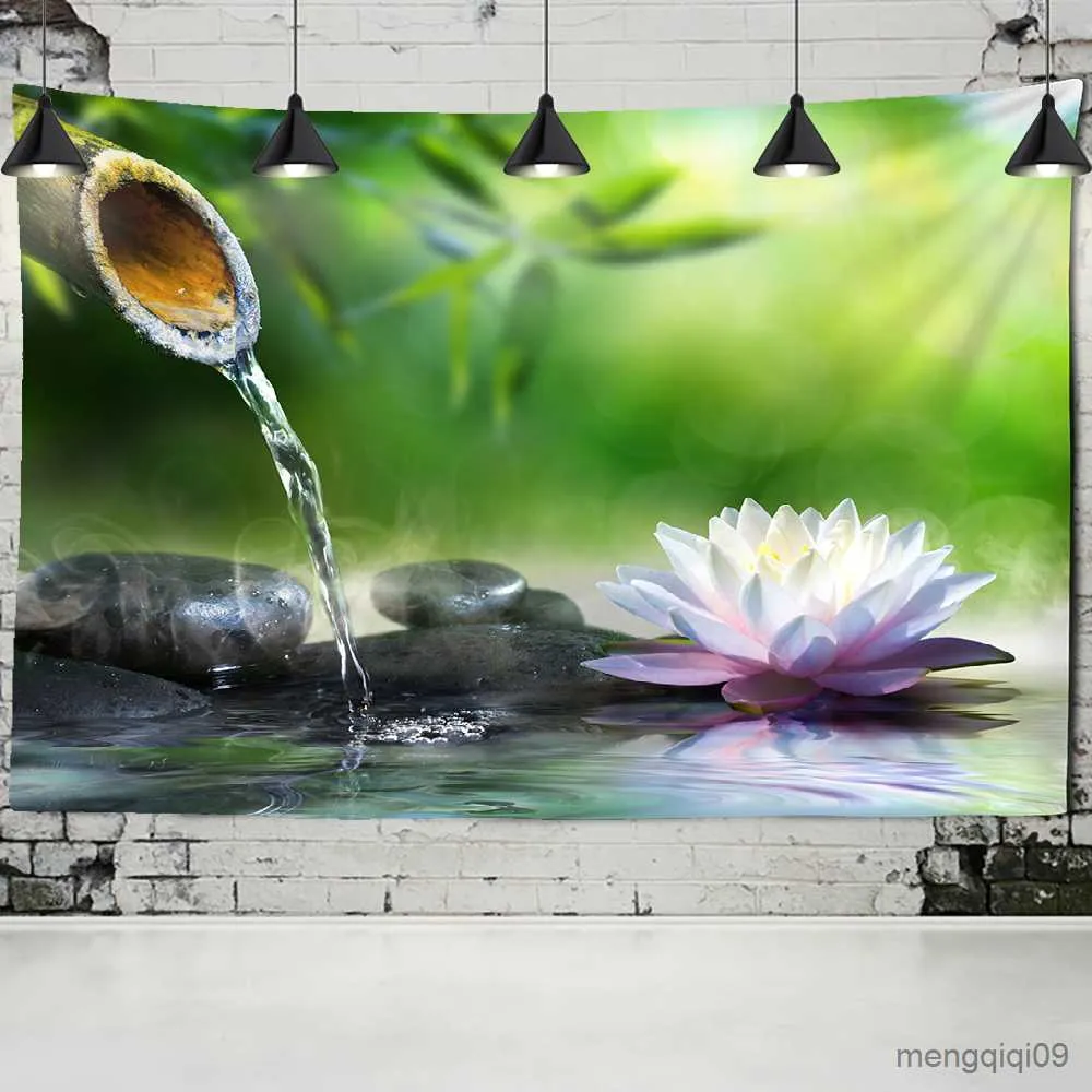 Zen Garden Tapestry Serene Wall Art, Water Lily Bamboo Design,  Aesthetic Room Decor, Meditation Space, Relaxing Home Gifts