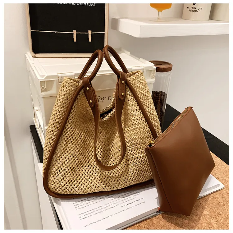 Fashion Tote Bag Large Capacity Portable Straw Woven Bag Personalized Contrast Color Bag Summer Commuter Bag PU Shoulder Bag