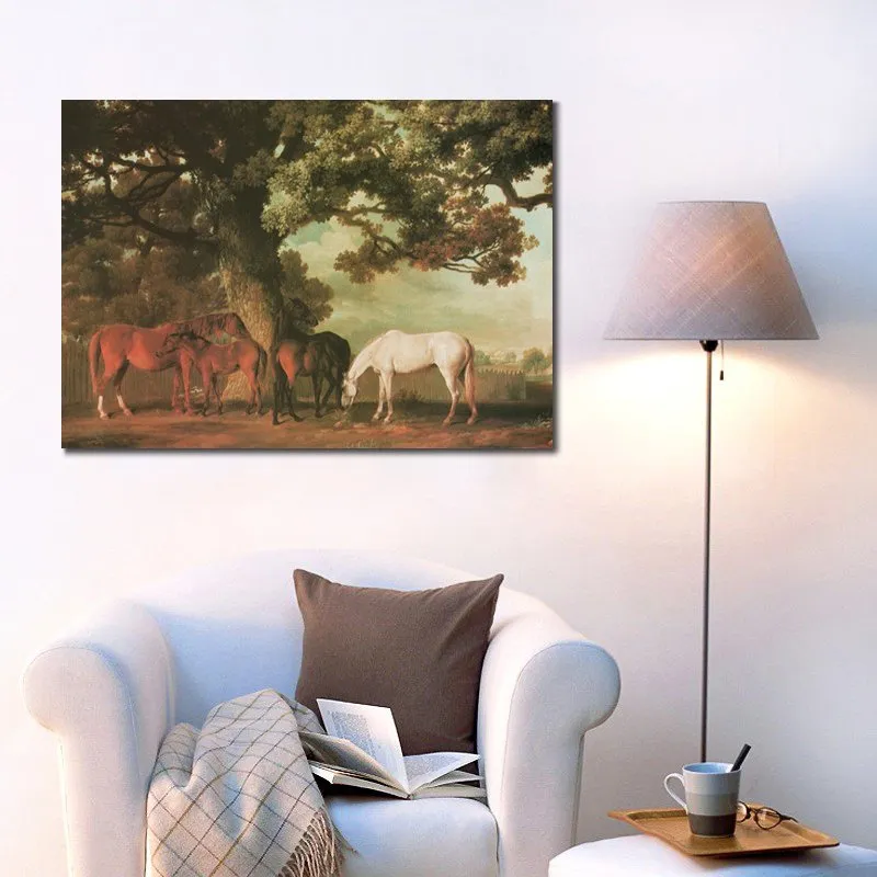 Dierlijke canvaskunst Wildlife schilderij George Stubbs merries en veulens in een bosrijk handgemaakt klassiek landschap van hoge kwaliteit