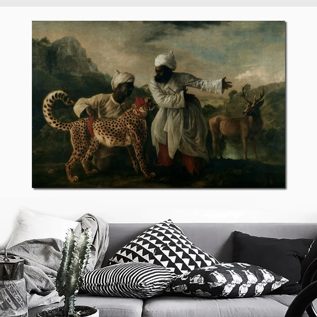 Guepardo con dos sirvientes indios y un ciervo, arte de lienzo hecho a mano realista, pintura de George Stubbs, caballos, decoración moderna para dormitorio