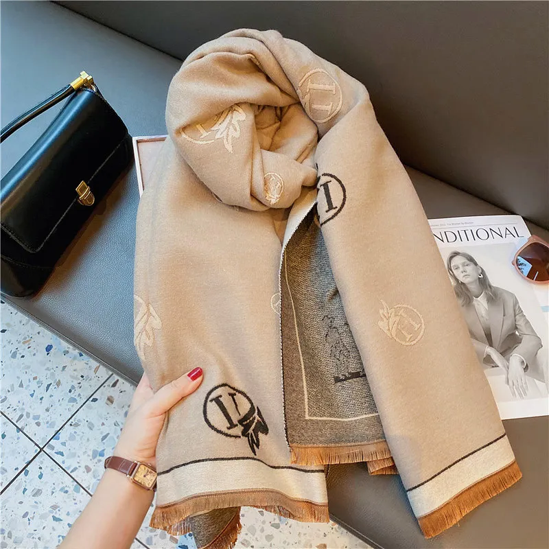 Western Style Orange White Thickening Warm Scarf Women's Winter New Retro Carriage Cashmere-like Dual-Use Shawl Scarfs All-match