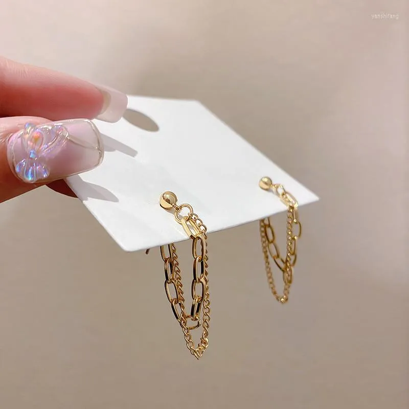 Dangle Oorbellen Minar Minimalistische Gouden Kleur Chunky Cubaanse Ketting Voor Vrouwen Beaded Link Double Layered Tassel Drop