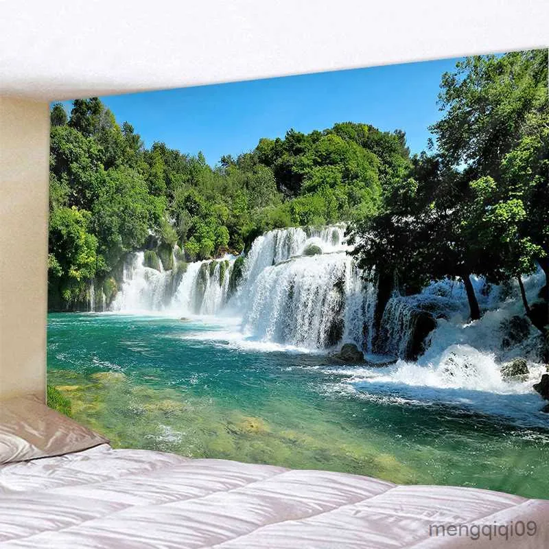 Gobeliny las gobelin ścienny wiszący natura malowniczy wodospad jasne jezioro woda dekoracja sypialni krajobraz dekoracja pokoju w domu R230710