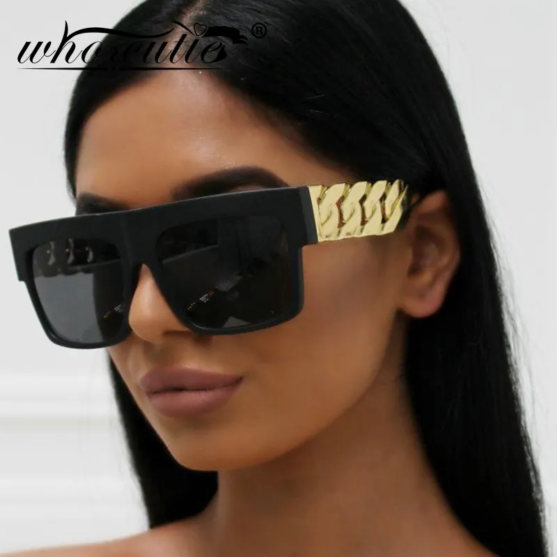 2021 Oversized Hip Hop Sunglasses Men Women Brand Design Flat Top Retro Square Black Sun Glasses Gold Plastic Chain Frame OM725