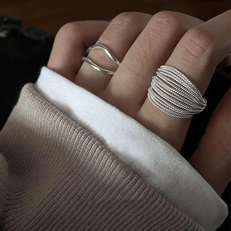 Punk Lijnen Zilver Kleur Twist Onregelmatige Ringen Voor Vrouwen Vintage Multilayer Wave Cross Ontwerp Verstelbare Open Ring Vinger sieraden