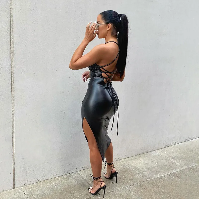 Basic Casual Dresses PU Leather Night Store Style Sexy Backless Bandage  Solid Color Personalized Split Suspender Dress 230710 From Qiyue01, $14.17  | DHgate.Com
