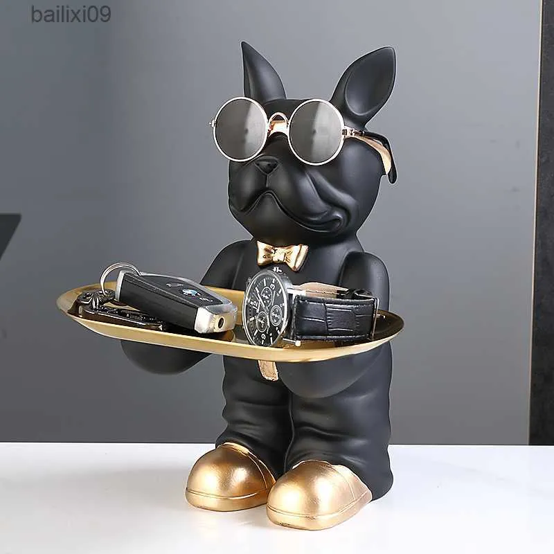 Oggetti decorativi Figurine in piedi Black Butler Statua Scultura decorativa Bulldog francese Decor Design Vassoio Ornamento Decor per la casa Figurine di animali T230710