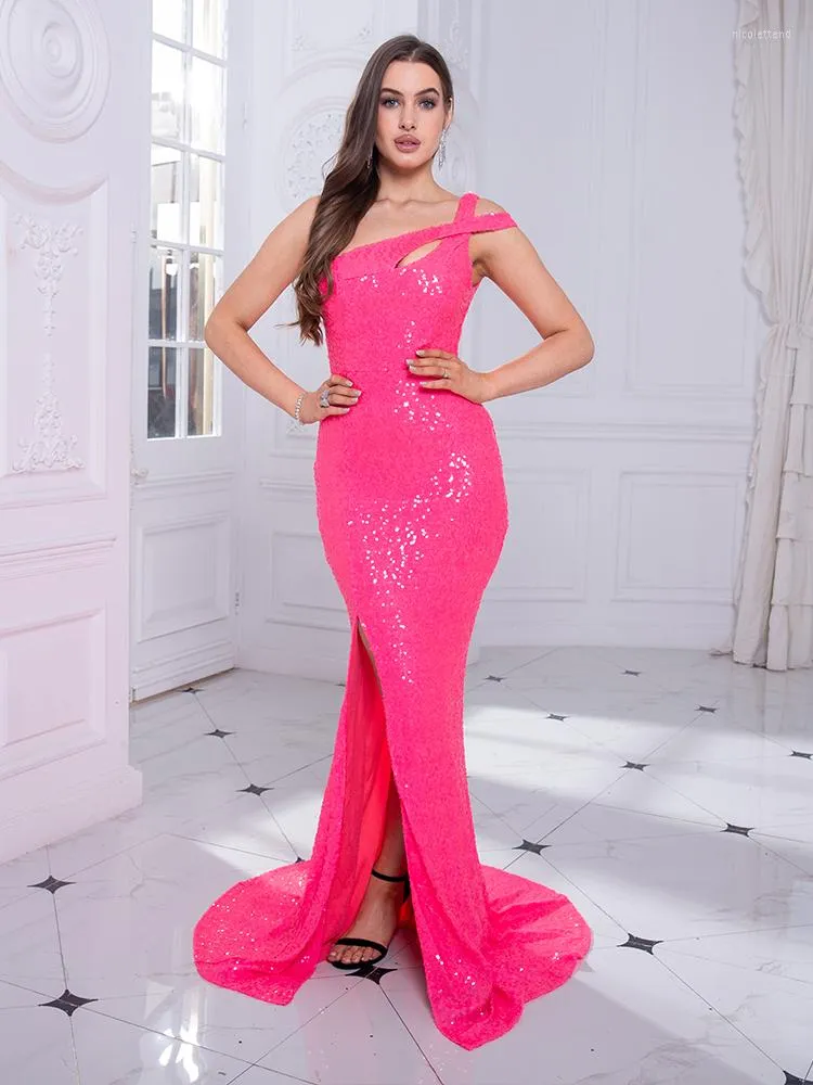 Robes de soirée rose sans manches découpé robe de Cocktail dos nu fendu moulante une épaule robe de soirée de célébrité paillettes doublure complète