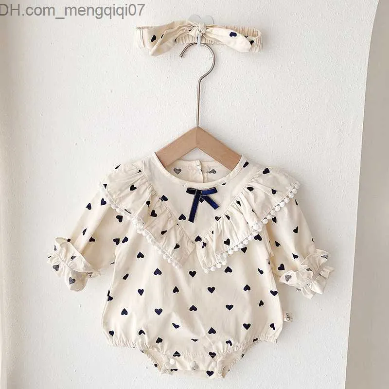 ROMPERS Koreanische Stil Frühlings- und Herbst Neugeborenes Baby Mädchen Baumwolle Langarmer Overall+Stirnband Baby Jumpsuit Baby Girl Kleidung Z230711