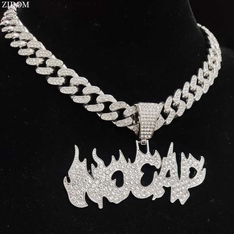 Pendant Necklaces New Men Women Hip Hop Flame Letters Iced Out with 13mm Cuban Chain Hiphop Necklace Fashion Charm Jewelry 230613