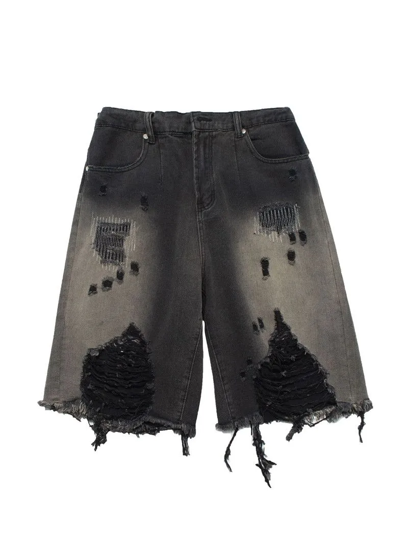 American New High Street Denim Shorts Retro Loose Shorts Vielseitige, abgenutzte, gewaschene High Street Trendy Design Straight Barrel Shorts