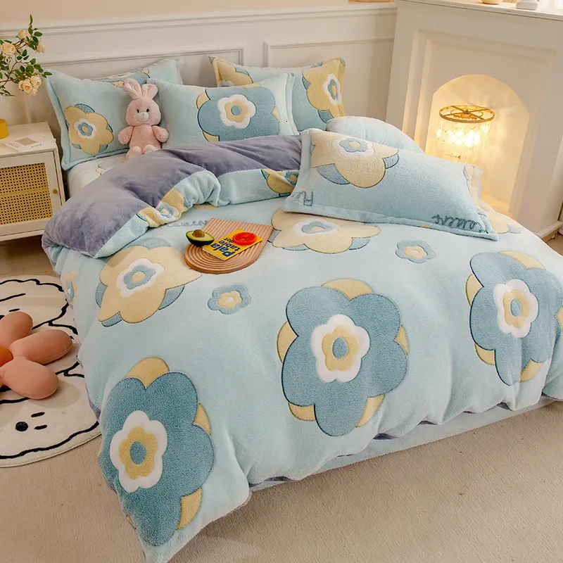 Bedding sets 1PC Duvet Cover and 2PC Pillowcase Set Flannel Coral Fleece Warm Winter Thick Single Double Queen King Quilt 230710