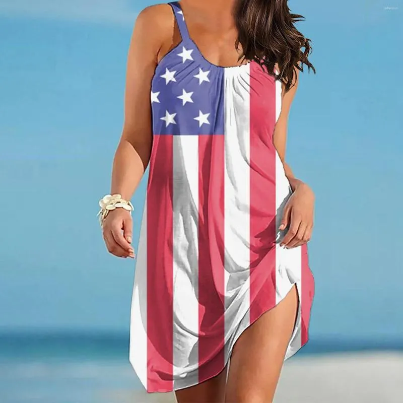 Abiti casual Stampa bandiera americana Mini abito da spiaggia sexy Cinturino da donna Abiti da sera senza maniche da donna senza spalline