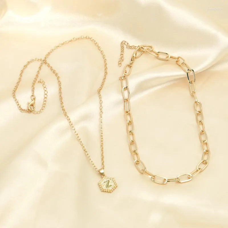 Pendant Necklaces Hexagonal Shape A-Z 26 Alphabet Letters For Woman Double Layer Fashion Paper Clip Choker Jewelry Gift